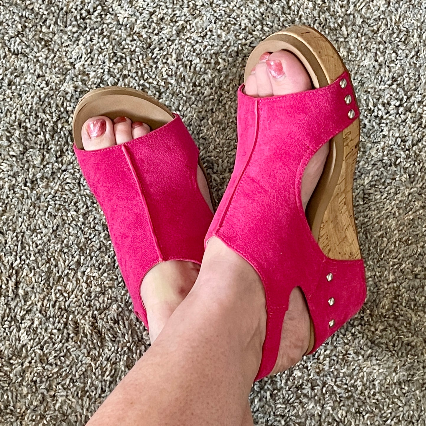 Corkys Carley Wedge Sandal - Fuchsia Faux Suede