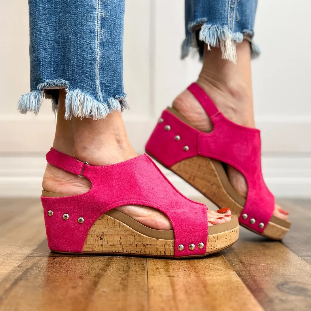 Corkys Carley Wedge Sandal - Fuchsia Faux Suede