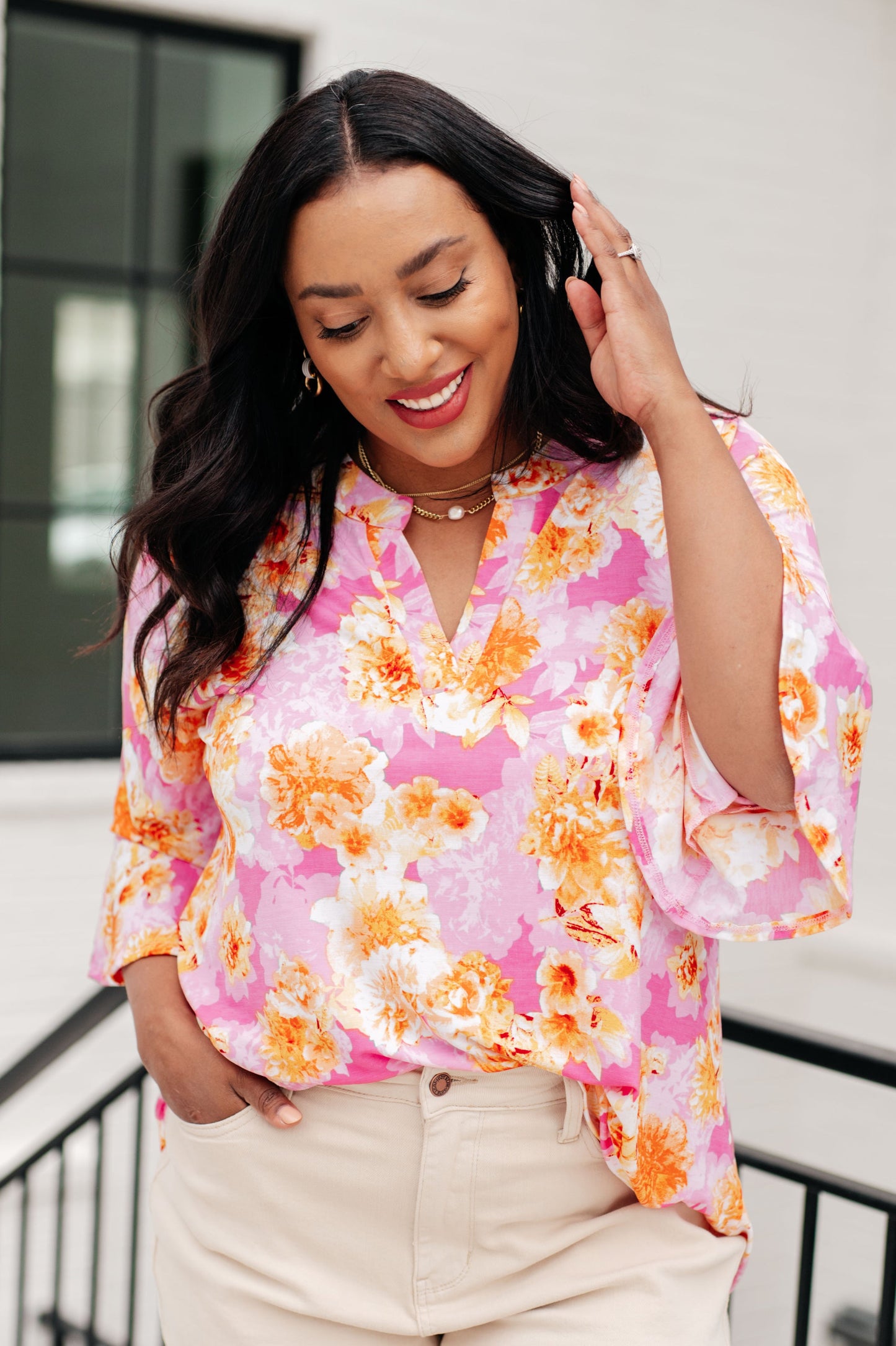 Lizzy Bell Sleeve Top in Pink and Gold Floral